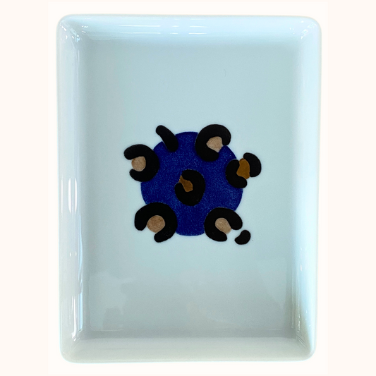 Petit plateau doré en porcelaine artisanale, motif léopard bleu delf peint à la main