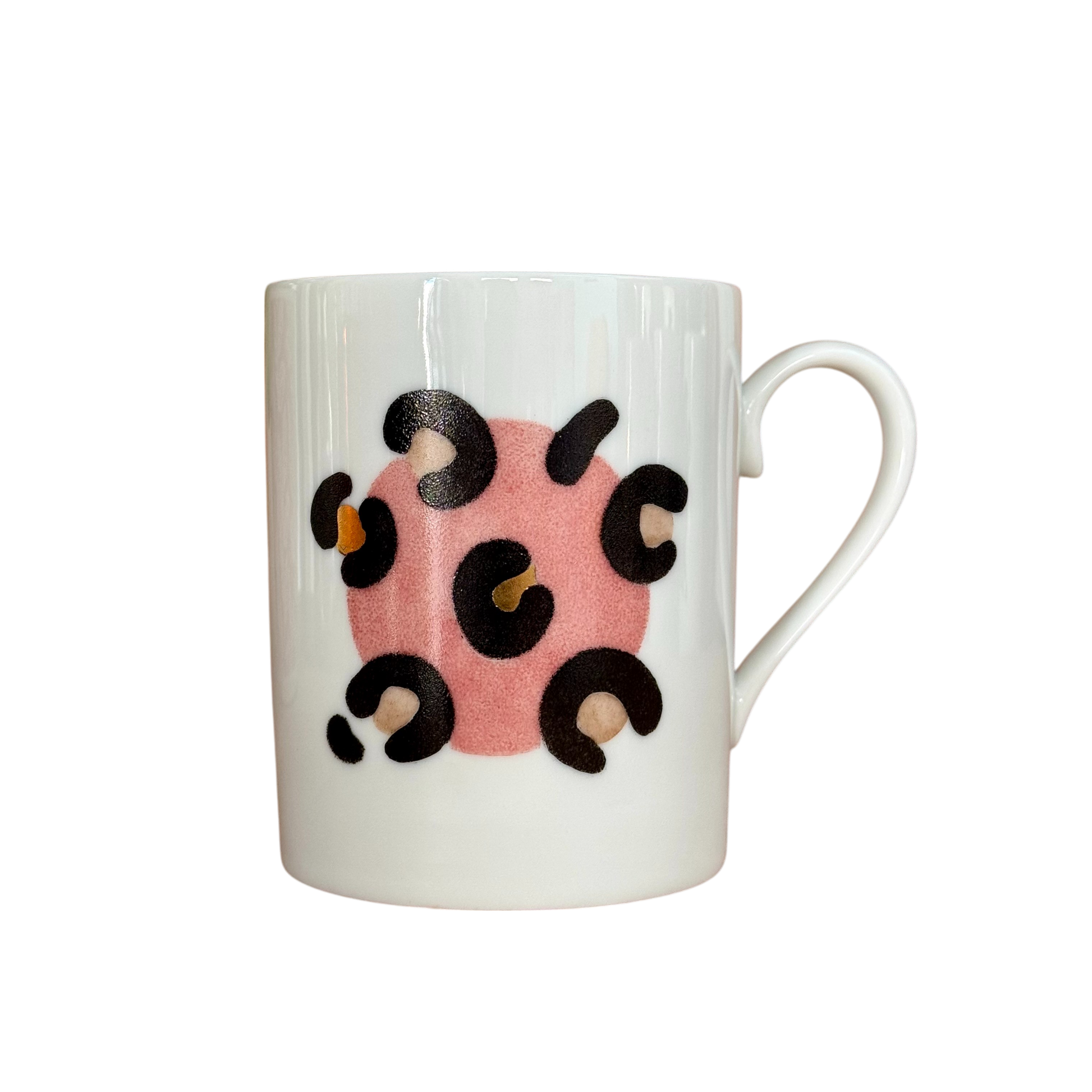 Tasse en porcelaine artisanale, motif léopard rose pêche fait main